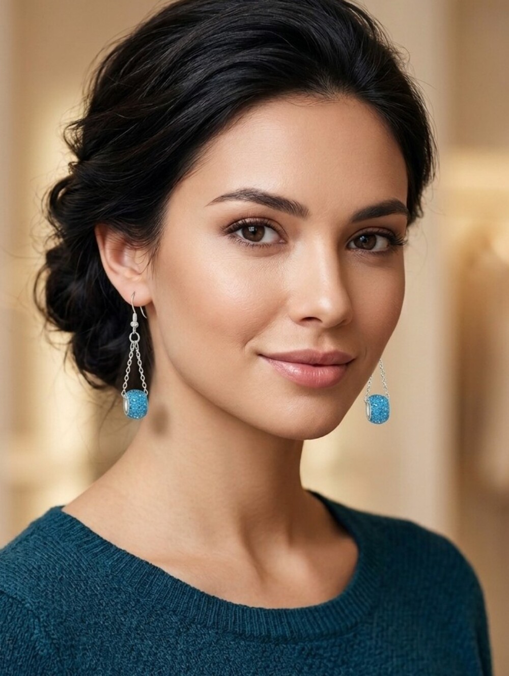 Handcrafted Silver Chain And Blue Barrel Bead Earrings